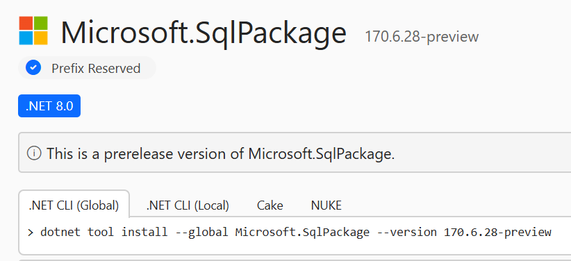 Microsoft.SqlPackage 170.6.28-preview installation command